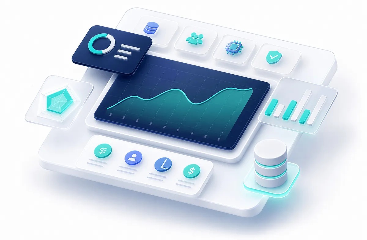 An isometric illustration of an AI governance dashboard, with a central trend chart surrounded by icons for data, ownership, compute, security, cost, and risk