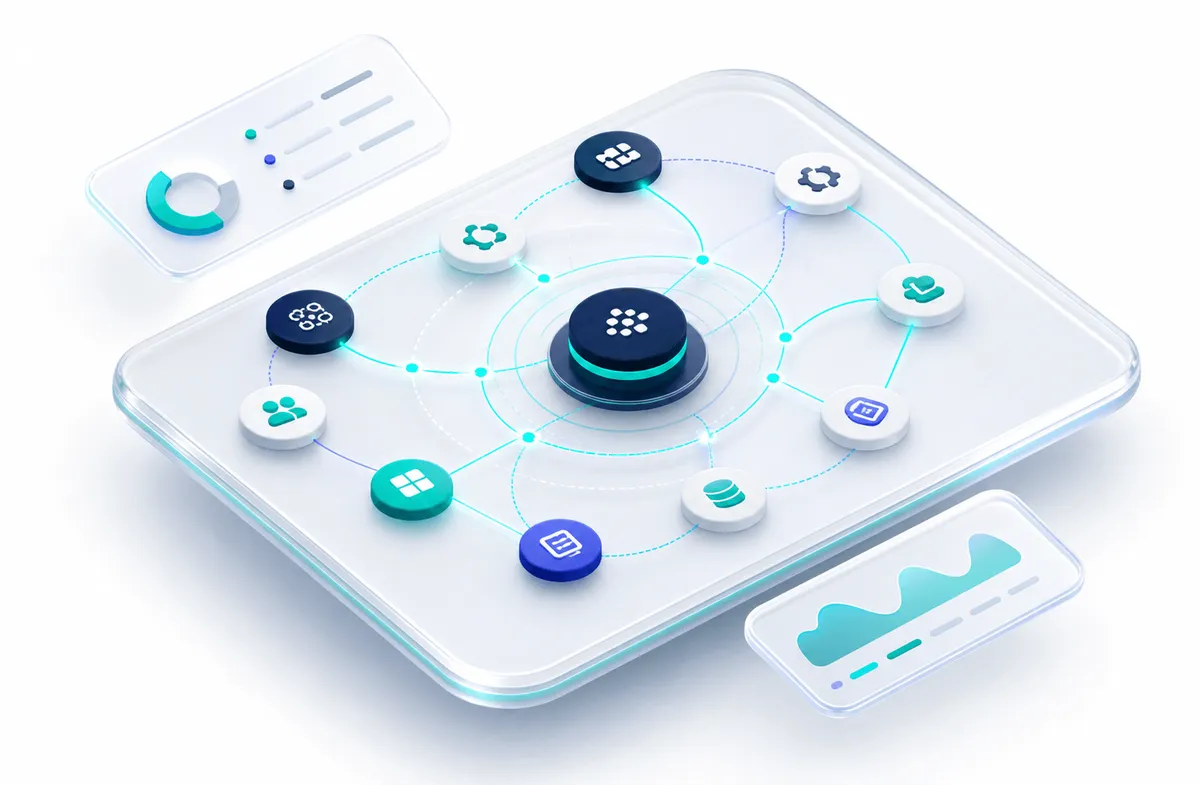 A radial ecosystem map connecting Salesforce, other business systems, and AI use cases around a central hub