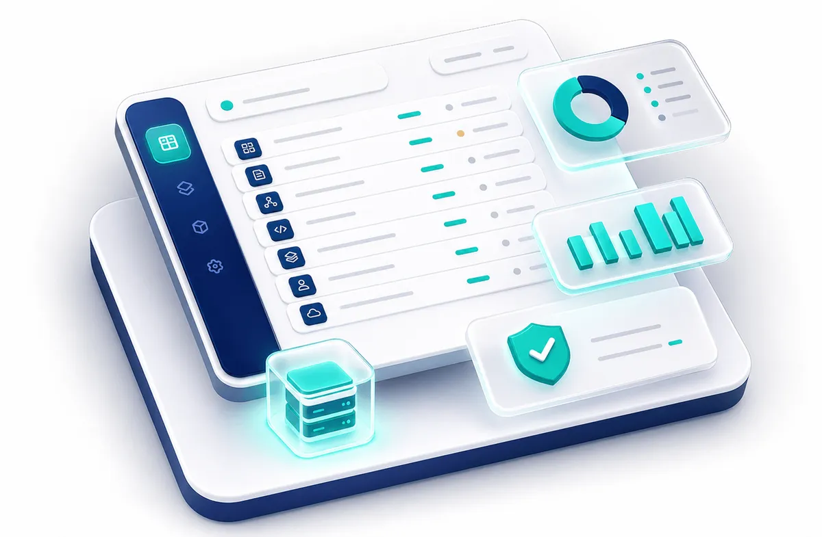 A systems registry listing enterprise systems by category and vendor, with AI-enabled status and security indicators
