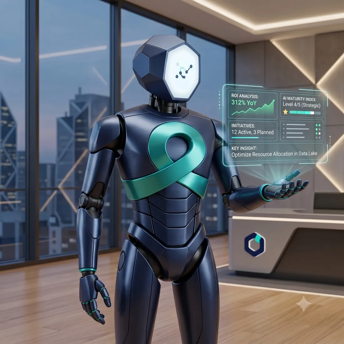 Hex, the Evum AI Navigator — a sophisticated humanoid robot presenting AI maturity, ROI, and initiative insights